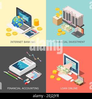 Concept de conception de comptabilité isométrique 2x2 avec icônes conceptuelles lourdes de matériel informatique fournitures de bureau et illustration de vecteur d'argent Illustration de Vecteur