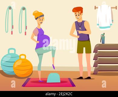 Composition avec la femme enceinte pendant l'exercice sur la plate-forme de marche avec instructeur de sport personnel dans l'illustration vectorielle de la salle de sport Illustration de Vecteur