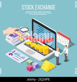 Composition isométrique de la Bourse avec prix de la bourse sur ordinateur portable afficher l'illustration vectorielle des ensembles de calendriers de contrôle des billets Illustration de Vecteur