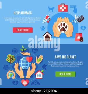 Ensemble de deux bannières horizontales pour œuvres caritatives avec équipement vétérinaire et symboles de protection de l'environnement avec illustration du vecteur de bouton lire la suite Illustration de Vecteur