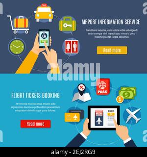 Information sur l'aéroport service en ligne avec réservation de billets d'avion 2 appartement bannières horizontales page web design illustration vectorielle isolée Illustration de Vecteur