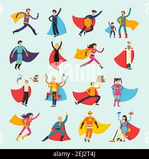 Super héros orthogonal plat personnes ensemble comprenant homme d'affaires, femme au foyer, chef, docteur et pompier dans l'illustration de vecteur isolé de cloak Illustration de Vecteur