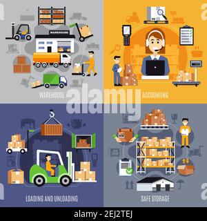 Ensemble de concept d'entrepôt à quatre carrés avec chargement comptable et illustration vectorielle des descriptions de déchargement et de stockage sécurisé Illustration de Vecteur