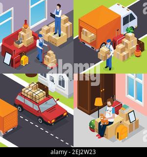 Concept de relocalisation isométrique avec les travailleurs de l'entreprise, la personne avec les produits de la maison en attente de déplacement, véhicules isolés illustration vectorielle Illustration de Vecteur