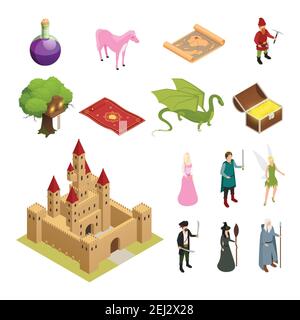 Icônes isométriques de conte de fées avec le château dragon chevalier princesse illustration vectorielle isolée de tapis magique de coffre au trésor Illustration de Vecteur