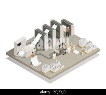Procédé de production de presse rotative avec équipement industriel et illustration vectorielle de composition isométrique pour le personnel d'exploitation Illustration de Vecteur