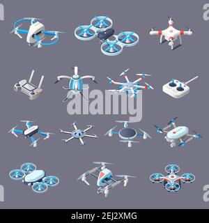 Icônes de drones isométriques avec des avions sans pilote de but différent avec contrôleurs isolés sur une illustration vectorielle d'arrière-plan grise Illustration de Vecteur