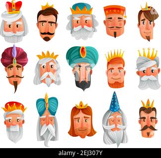 Ensemble de dessins animés de personnages royaux avec des visages de rois européens et asiatiques, princes, sages hommes isolés illustration vectorielle Illustration de Vecteur
