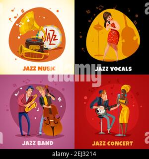 Design de musique jazz avec performance en groupe, concert, femmes chanteurs, instruments de musique illustration vectorielle isolée Illustration de Vecteur