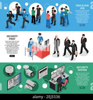 Jeu de bannières isométriques horizontales avec travail de gardes, système de sécurité, illustration vectorielle isolée d'équipement professionnel Illustration de Vecteur