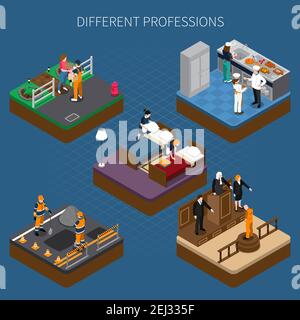 Professions uniforme isométrique composition de personnes avec des chiffres de personnes dans illustration vectorielle des vêtements utilitaires travaillant à différents endroits Illustration de Vecteur