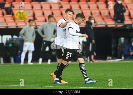 Manu Vallejo de Valencia CF célèbre un but avec Kevin Gameiro pendant le championnat d'Espagne la Liga football match be / LM Banque D'Images