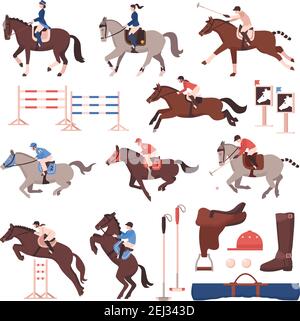 Icônes De Jockey De Couleur Sertie D & # 39; équipement Pour L & # 39;  équitation Et La Selle De Fer à Cheval Course De Sport Barrière étalon  équestre