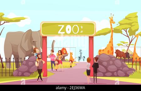 Affiche de dessin animé aux portes d'entrée du zoo avec girafe éléphant lion animaux safari et visiteurs sur illustration vectorielle territoire Illustration de Vecteur