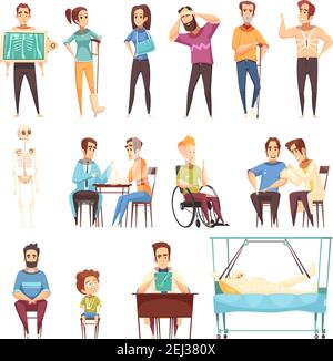 Hommes et femmes personnes avec diverses blessures consultant traumatologue et médecins orthopédistes ensemble isolé sur fond blanc caricature vecteur illustr Illustration de Vecteur