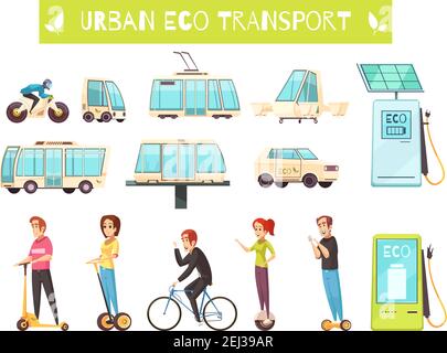 Ensemble de dessins animés de divers types de transport urbain écologique et personnes l'utilisant isolé sur fond blanc illustration vectorielle Illustration de Vecteur