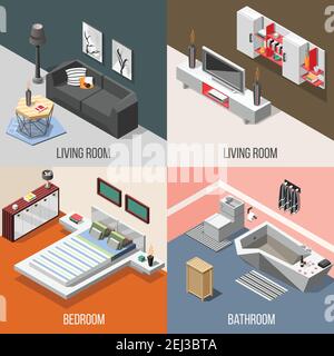 Intérieur futuriste concept isométrique comprenant salon, chambre, salle de bains avec design hi-tech et illustration vectorielle isolée Illustration de Vecteur