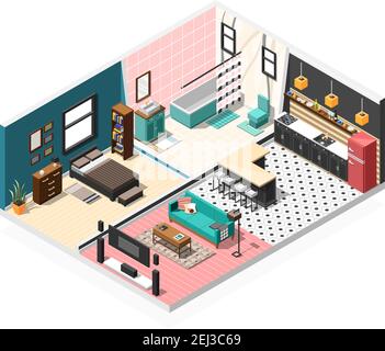 Intérieur isométrique chambres composition de fond avec vue panoramique de appartement privé avec salle de bains et cuisine illustration vectorielle Illustration de Vecteur