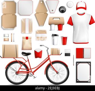 Ensemble de modèles d'emballage en carton et en plastique pour les aliments de rue avec vélo pour la livraison d'illustrations vectorielles isolées Illustration de Vecteur