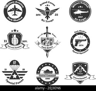 Ensemble de neuf emblèmes militaires monochromes isolés avec des images de texte et symboles d'armes de transport de guerre illustration vectorielle Illustration de Vecteur