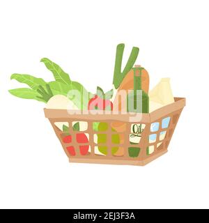 Panier de supermarché plein de produits d'épicerie. Épicerie. Chariot de supermarché en vecteur de style dessins animés. Écologique. Passez au vert Illustration de Vecteur