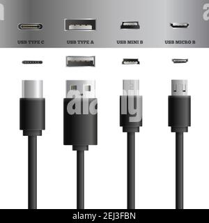 Connecteurs de câble usb réalistes types ensemble d'images avec moderne illustration vectorielle des types de fiches et de prises usb Illustration de Vecteur