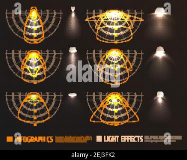 Infographies des effets de lumière avec des ampoules, des abat-jour et des schémas mesures de l'intensité de l'éclairage sur une illustration vectorielle transparente en arrière-plan Illustration de Vecteur