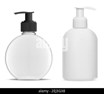 Bouteille à pompe en plastique blanc maquette. Flacon distributeur de savon, conception de réservoir de gel douche liquide. Illustration de l'emballage hydratant, détergent antibactérien Illustration de Vecteur