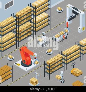 Solutions automatiques de logistique dans les installations d'entrepôt, fond isométrique avec robotique illustration vectorielle de la saisie et du positionnement des bras Illustration de Vecteur