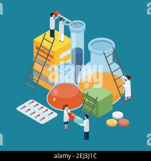 Affiche de fond isométrique symbolique de la production pharmaceutique avec travaux de recherche en laboratoire en escalade sur les pilules médicaments paquets retorts illustration vectorielle Illustration de Vecteur