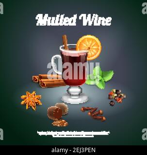 Vacances de Noël fond alcoolique avec des verres de vin chaud orange Coupez le bâton de cannelle et les clous de girofle à la menthe vecteur réaliste illustraa Illustration de Vecteur