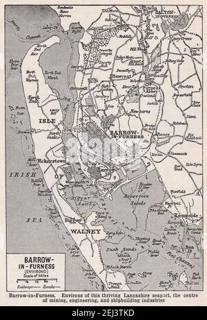 Carte d'époque de Barrow-in-Furness (environs) des années 1940. Banque D'Images