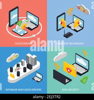 Icônes de concept isométriques de Cloud Office définies avec des symboles de base de données isolés illustration vectorielle Illustration de Vecteur