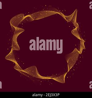 Résumé lignes d'ondes de cercle dynamique jaune illuminées de particules sur fond rouge. Technologie concept d'explosion numérique. Illustration vectorielle Illustration de Vecteur