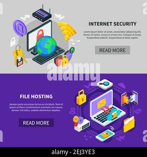 Sécurité Internet et hébergement de fichiers bannières horizontales avec icônes affichées illustration vectorielle isométrique des services d'échange et de protection de données Illustration de Vecteur