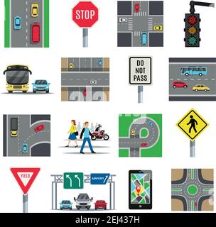 Feux de signalisation et réglementations routes intersections règles de sécurité piéton croisement de la collection d'icônes plates illustration vectorielle isolée Illustration de Vecteur