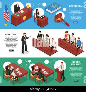 Trois bannières horizontales sur le thème du droit avec la salle d'audience de la cour et les compositions de jurés de scénario isométrique Illustration de Vecteur