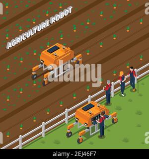 Composition isométrique avec robot agricole à distance pendant le désherbage, ouvriers agricoles avec illustration vectorielle du panneau de commande Illustration de Vecteur