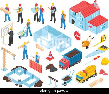 Ensemble de construction isolé éléments de chantier équipement et transport illustration vectorielle des unités avec des caractères humains de travailleurs Illustration de Vecteur