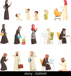 Arabes famille vie culture traditions caricatures collection d'icônes avec l'homme femme travaillant à la maison prier illustration de vecteur isolé Illustration de Vecteur