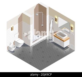 Intérieur de salle de bains composition isométrique avec murs blancs beige et sol carrelé gris, douche, sanitaire illustration vectorielle Illustration de Vecteur