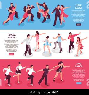 Dansez ensemble de bannières isométriques horizontales avec la classe rumba, les gens pendant salsa, jive illustration vectorielle isolée Illustration de Vecteur