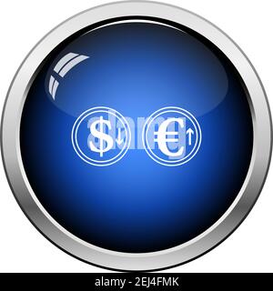 Icône de la monnaie en euros à la baisse du dollar et à la croissance. Bouton brillant. Illustration vectorielle. Illustration de Vecteur