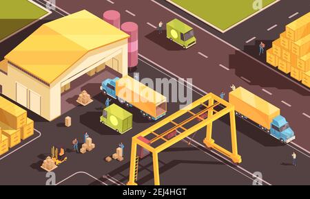 Composition logistique isométrique avec des images de l'entrepôt chiffres des personnes avec boîtes en carton, illustrations vectorielles pour camions et voitures Illustration de Vecteur