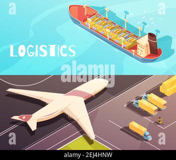 Compositions horizontales logistiques isométriques avec vues du navire de cargaison illustration du vecteur sur la mer et l'avion de transport Illustration de Vecteur