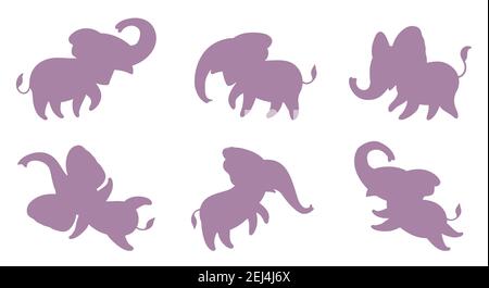 Ensemble de silhouettes roses de petits éléphants. Jolis éléphants de dessins animés dans différentes poses. Illustration vectorielle isolée sur fond blanc. Illustration de Vecteur