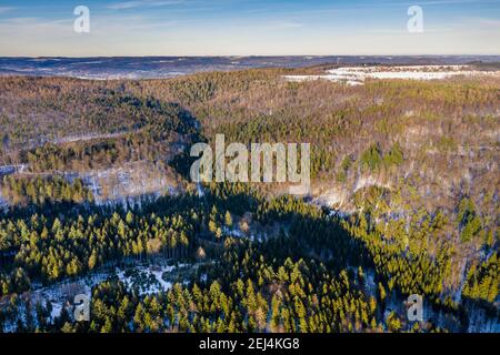 Image de drone, hiver dans la forêt souabe, forêt mixte, Bade-Wurtemberg, Allemagne Banque D'Images