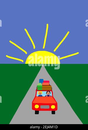 Illustration naïve, dessin d'enfant, famille avec voiture au lever du soleil sur le chemin des vacances Banque D'Images