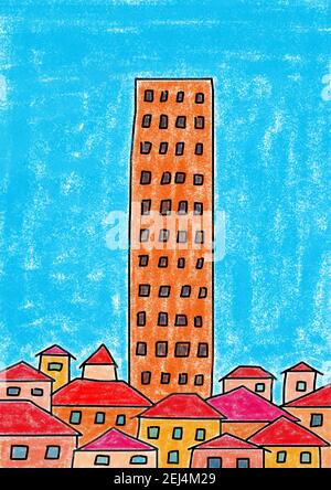 Illustration naïve, dessin d'enfants, gratte-ciel debout seul entre les maisons Banque D'Images