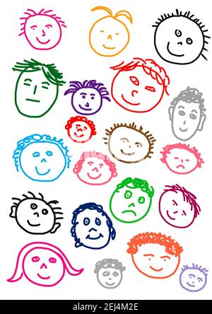 Illustration naïve, dessin d'enfants, visages souriants colorés Banque D'Images